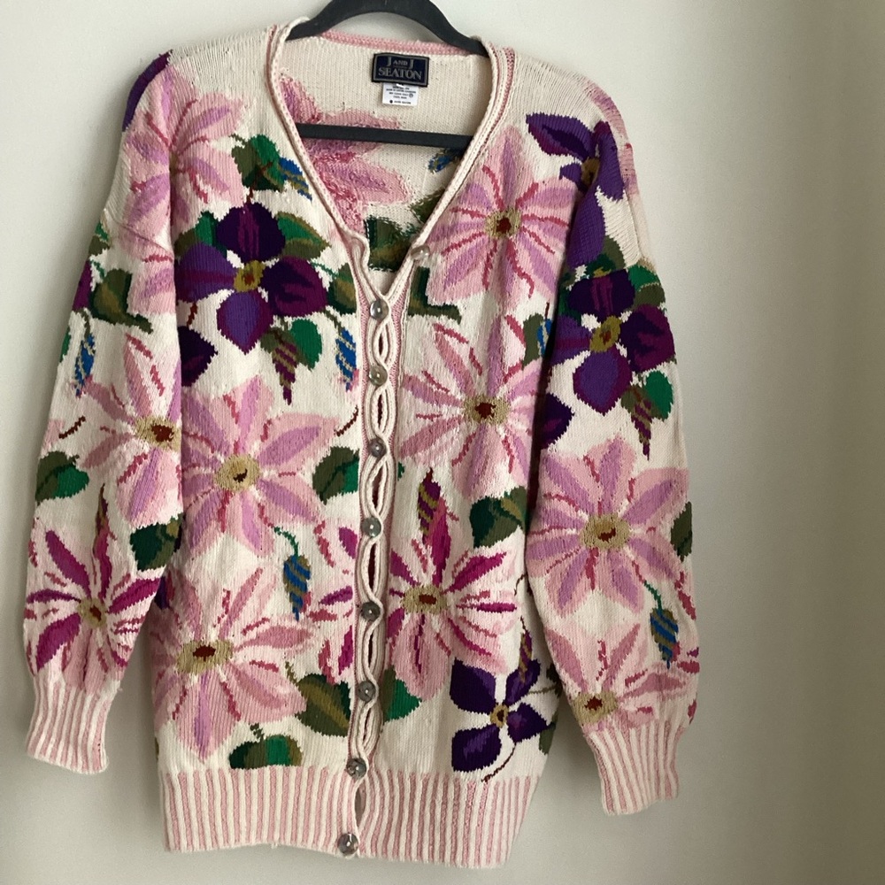 J and J Cardigan Sweater Jumper Medium pink Floral Cotton James Seaton Hand Knit